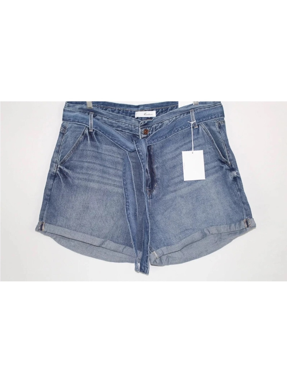 High-Rise Tie-Belt Denim Shorts - Light Blue